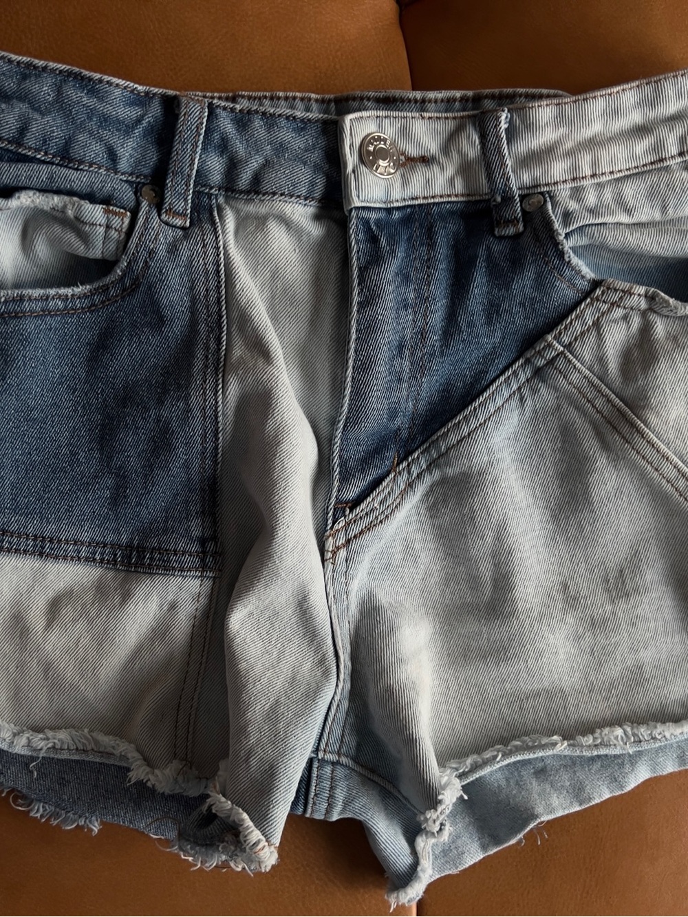 Two-Tone Light Blue Patchwork Denim Shorts